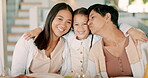 Face of mother, smile and child with grandma in home, bonding and having fun together. Girl, grandmother and mom hug in portrait with care, happy and love, family relax and quality time in house.