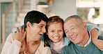 Grandparents, smile and hug girl in home, bonding and having fun together. Child, grandmother and grandfather embrace with care, happy and love, family relax and quality time on vacation in house.
