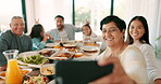 Thanksgiving selfie and a senior woman with her family eating food for bonding in celebration together. Love, lunch or brunch with a grandmother and relatives taking a picture in the dining room