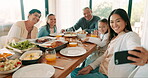 Thanksgiving selfie of kids, parents and grandparents together as a family for bonding in celebration. Love, lunch or brunch with children and relatives at the dining room table for a photograph