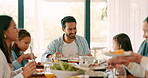 Kids, parents and grandparents eating at thanksgiving together as a family while bonding over food in celebration. Love, lunch or brunch with children and relatives sitting at the dining room table