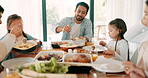 Children, parents and grandparents at thanksgiving as a family together bonding or eating food in celebration. Love, lunch or brunch with kids and relatives at the dining room table during a visit