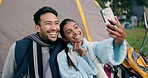 Happy couple, relax and selfie on camp for photography, memory or holiday vacation together in nature. Man and woman smile for photograph, picture or memory by tent or campsite in happiness outdoors