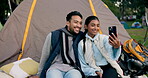 Happy couple, relax and selfie on camp in nature for photography, memory or holiday vacation together. Man and woman smile for photograph, picture or memory by tent or campsite in happiness outdoors