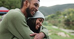 Couple, hug and happiness at camp in nature with conversation for vacation in woods. Love, girl and guy with embrace during hike for travel or bonding with talking for vacation with calm in winter.