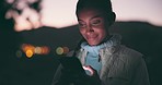 Night, smartphone and woman typing, social media and contact with communication, connection and smile. Female person, dark and happy girl with cellphone, mobile application and website information