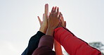 Group, women and together with high five or lens flare for collaboration in close up in outdoor. Friends, success and team building with sky in nature to celebrate at camp for adventure or travel.