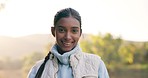 Sunshine, nature or face of happy woman with smile for exercise, wellness or outdoor journey, travel or morning sunrise. Environment, countryside woods and portrait of Indian person happy for fitness