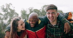 Friends, camping and group of people at a party together at a forest happy and laughing in the woods bonding. Vacation, travel and portrait of excited men on an adventure with love, care and joy