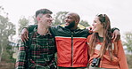 Friends, travel and group of people at a party together at a forest happy and laughing in the woods bonding. Vacation, camping and portrait of excited men on an adventure with love, care and joy