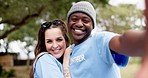 Happy interracial couple, volunteer and selfie for social media, memory or vlog together in nature. Portrait of man and woman smile in diversity for photograph, memory or photo in teamwork outdoors