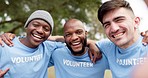 Happy man, volunteer and hug in  teamwork for eco environment and unity together in nature. Portrait of men or diverse group in huddle support for community trust and cleaning pollution in the park