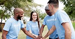 People, high five and diversity for volunteer teamwork in nature for eco friendly environment, success or mission outdoors. Group touching hands in team building, unity or support and trust in park