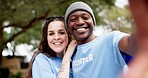 Happy interracial couple, volunteer and selfie for photo, memory or vlog together in nature. Portrait of man and woman smile in diversity for photograph, memory or social media in teamwork outdoors