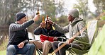 Nature, cheers and friends camping with beer by lake for adventure, travel or weekend trip. Bonding, toast and young people talking, relaxing and drinking alcohol together in outdoor forest or woods.