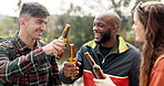 Forest, cheers and group of people with beer at party together happy and friends laughing in the woods or nature. Vacation, travel and portrait of excited men on an adventure with love, care and joy