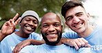 Happy group, volunteer and selfie in teamwork for photograph, picture or unity together in nature. Portrait of men in diversity smile for photo in team huddle, support or community trust in the park