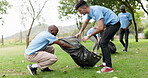 Diversity, group and volunteer in community service for cleaning pollution, waste or recycling in the park. People working together in teamwork, support or NGO for eco friendly environment in nature