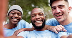 Happy man, volunteer and selfie in teamwork for photograph, picture or unity together in nature. Portrait of men in diversity smile for photo in team huddle, support or community trust in the park