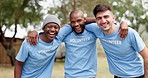 Happy man, volunteer and hug in nature for teamwork, eco environment and unity together. Portrait of men or diverse group in huddle for support, community or trust for cleaning pollution in the park