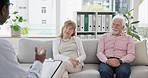 Senior, happy couple and therapy with psychologist for marriage consulting with advice and support. Communication, therapist and trust talk with helping, listening and counselling for relationship