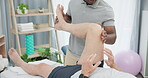 Physiotherapy hands, stretching legs or person with patient for rehabilitation support, recovery or knee motion exercise. Physical therapy, healing and physiotherapist help client with joint mobility