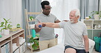 Arm physiotherapy, dumbbell or person with old man for support, recovery in motion training. Physical therapy, rehabilitation or African physiotherapist helping elderly patient with mobility exercise