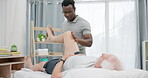 Physiotherapy, stretching legs or person with old man for rehabilitation support, recovery in motion training for knee. Physical therapy, clinic or African physiotherapist help client with mobility