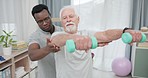 Physiotherapy, dumbbell arm exercise or old man for rehabilitation, recovery and black man support on injury healing. Helping, aid service or African physiotherapist advice elderly patient on workout