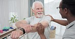 Physiotherapy results, arm stretching or old man for rehabilitation, recovery and black man check injury healing. Support, motion mobility assessment or African physiotherapist advice elderly patient