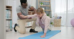 Physiotherapist, body stretching and senior woman for rehabilitation, recovery and black man stretching client. Retirement physiotherapy, injury healing and physical therapist help elderly patient