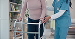 Caregiver, hands or elderly woman walking with walker for support, geriatric senior care or old age movement disability. Retirement nursing home, disabled or closeup nurse helping patient with moving