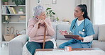 Clipboard, senior woman and nurse talking, ask question or writing client info, medical summary or healthcare survey. Checklist, home and retirement caregiver speaking to elderly patient about pills