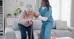 Caregiver support, disabled and old woman with walking stick for help, senior wellness care or old age movement disability. Retirement, nursing home volunteer or nurse helping patient with getting up