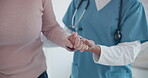 Nurse, disabled and old person holding hands for walking support, elderly care or movement disability. Closeup rehabilitation service, retirement home physiotherapy and caregiver help senior patient