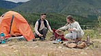 Couple, camping and help with tent in nature for vacation, holiday and travel outdoor. Campsite, lake and man and woman set up at river together for adventure, hiking and trekking in the countryside.