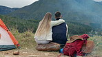 Landscape, camping and couple in a hug together with view of mountain, nature or people relax on holiday in park. Camp site, man and woman in the woods, forest or calm trip in the countryside