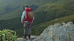 Mountains, man and hiking for fitness, exercise and wellness with fresh air, nature and workout. Male person, guy and hiker with adventure, journey and outdoor with health, training and traveling