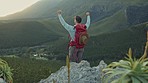 Man, celebration and mountains for hiking achievement, nature or view for trekking goal on vacation. Hiker guy, back and fist for winner, hill and fitness with exercise, success or cliff in Argentina