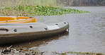 Kayak, rain and nature with adventure and journey on a river with paddle for fitness and exercise. Outdoor, rowing and boat for workout for water sports with travel on a lake on holiday in woods