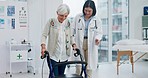 Old woman, doctor and physiotherapy with walking frame for support, help and healthcare. Senior, medical professional and person with a disability in hospital, rehabilitation and physical therapy.