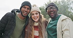 Happy, hiking and smile with friends in nature for fitness, diversity, adventure and freedom. Wellness, trekking and travel with portrait of people in forest for vacation, holiday and backpacking