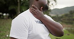 Black man, hands and neck pain of volunteer in nature with muscle ache, tension or stress outdoors. Closeup of African male person with sore body, accident or injury, inflammation or tense joint