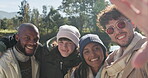 Portrait, smile and friends at camp or lake for travel or memory with photography in nature. Diversity, group and happy face for hiking with adventure for profile picture in winter on vacation.