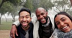 Friends, group selfie and smile in forest, smile and funny face on adventure, diversity or emoji in winter. Men, woman and hand sign with profile picture, memory and photography on social network app