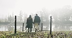 Hiking, holding hands and couple back by a lake in nature on vacation with camping and love. Outdoor, adventure and sitting with view in forest on a journey and holiday in woods with young people