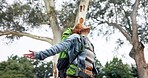 Woman, forest and hiking with freedom, celebration and spin in low angle with backpack, happy or excited for holiday. African girl, camping and achievement in woods for adventure, vacation and nature