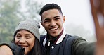 Happy couple, travel and selfie in nature for photograph, memory or holiday vacation outdoors. Portrait of man and woman smile for photo, trip or social media in misty forest or fog together outside