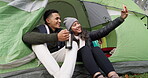 Happy couple, tent and camp for selfie, photograph or social media in relax on vacation or holiday in nature. Man and woman smile for photo, travel or enjoying camping together in the outdoors