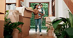 Moving, happy and new house with family at front door for future, investment and real estate. Cardboard boxes, sale and smile with parents and children in home for mortgage, property and growth